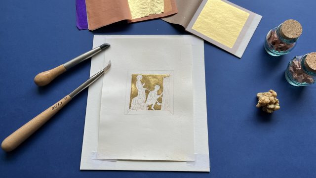 We leggen na de tekening te hebben opgebracht op perkament eerst het bladgoud op 1